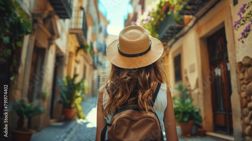 Young Female Backpacker Exploring Old Spanish Town Generative AI © Alex