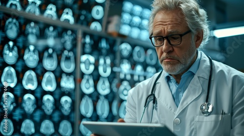   A doctor examines a tablet displaying X-ray images in a room filled with X-ray image wall mounts