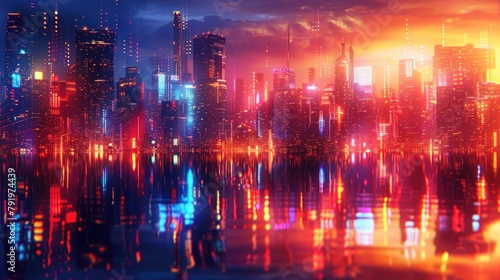 A beautiful painting of a futuristic city with bright lights reflecting off the water in an abstract style.