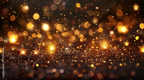  A group of gold stars against a black backdrop; a cluster of lights in the image's center forms a bokeh