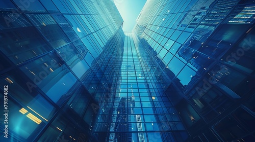Craft a visually captivating image of a futuristic bank in a financial district photo