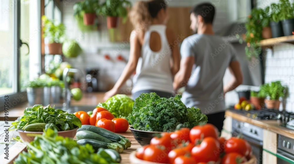 A couple is standing in a kitchen. There are vegetables on the counter.