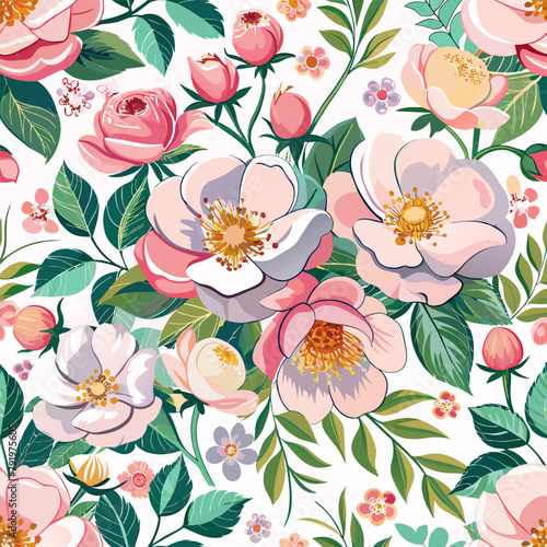 Dog-rose rose hip flower seamless floral pattern