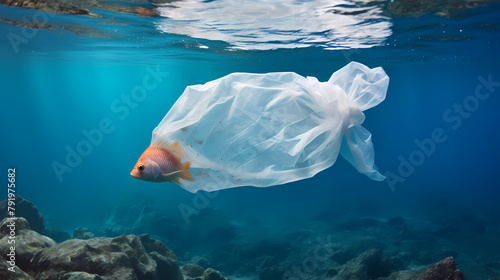 A fish swims in the sea with a plastic bag floating on its back