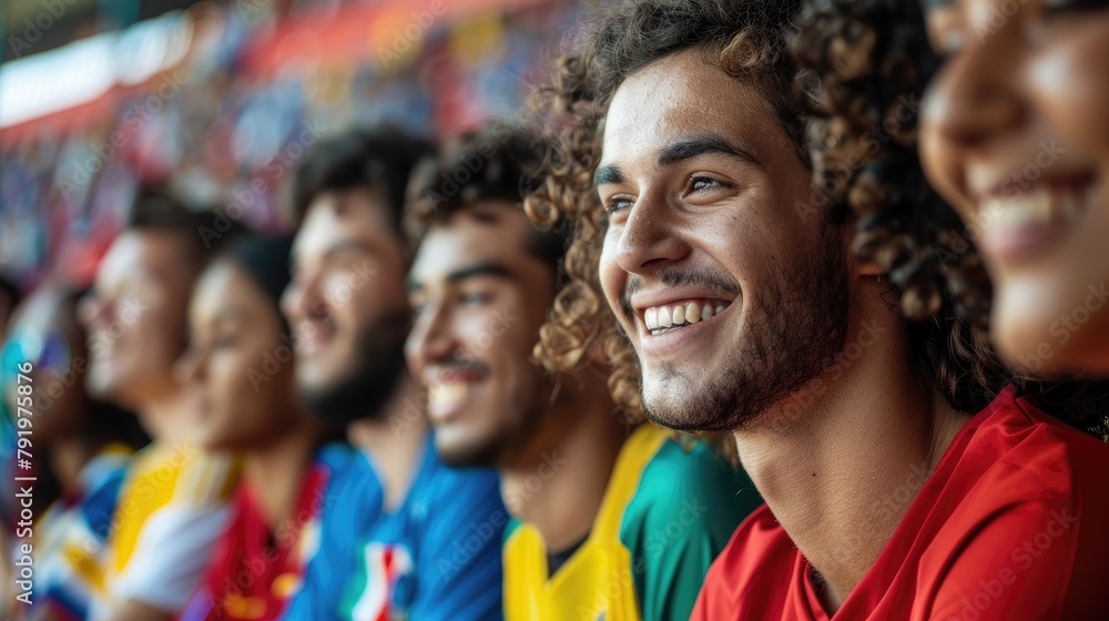 A group of diverse spectators are sitting in a stadium, watching a sports event. They are all smiling and cheering. A group of diverse spectators are sitting in a stadium, watching a sports event. They are all smiling and cheering.