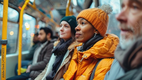 A group of people riding on a bus photo