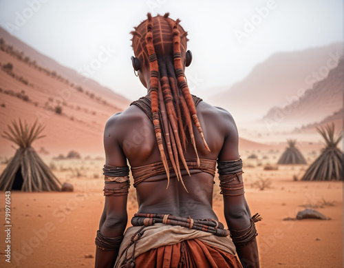 Red Sands Serenity: Beautiful African Girl with Bare Back Standing Before the Savannah Dunes