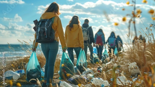 A group of volunteers keep the beach clean.