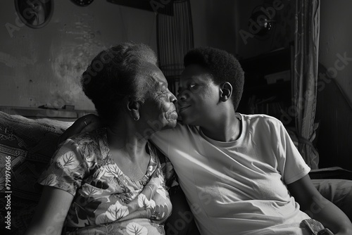 portrait of an African American mother and son embracing each other, family love, old couple
