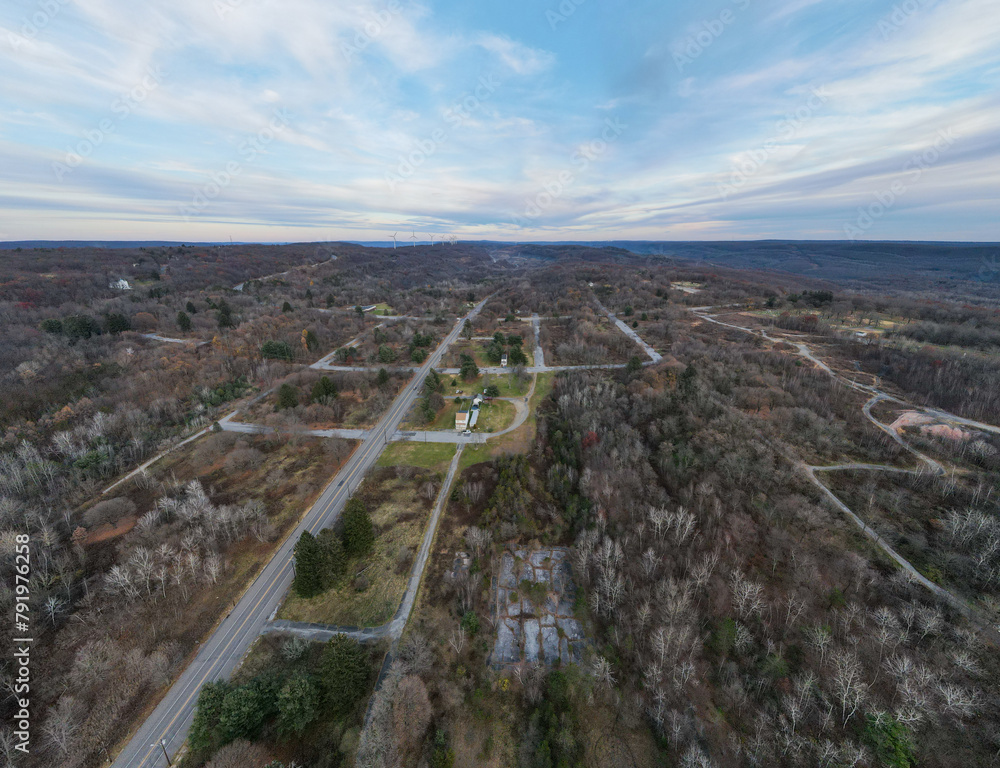 Aerial landscape of scenery during Fall around abandoned coal town Centralia Pennsylvania USA