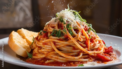 Pasta spaghetti food italian cheese and basil tomato concept fresh gourmet (ID: 791976205)