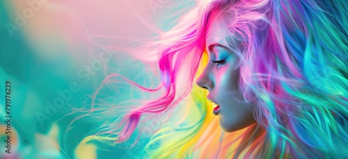A girl illuminated by colorful light.