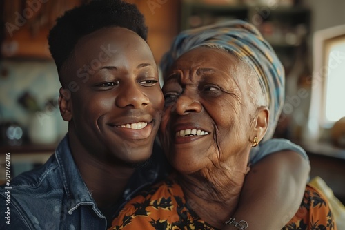 portrait of an African American mother and son embracing each other, family love, old couple