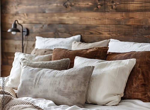Close up of beige and brown pillows on a bed in a bedroom 