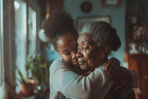 portrait of an African American mother and daughter embracing each other, family love