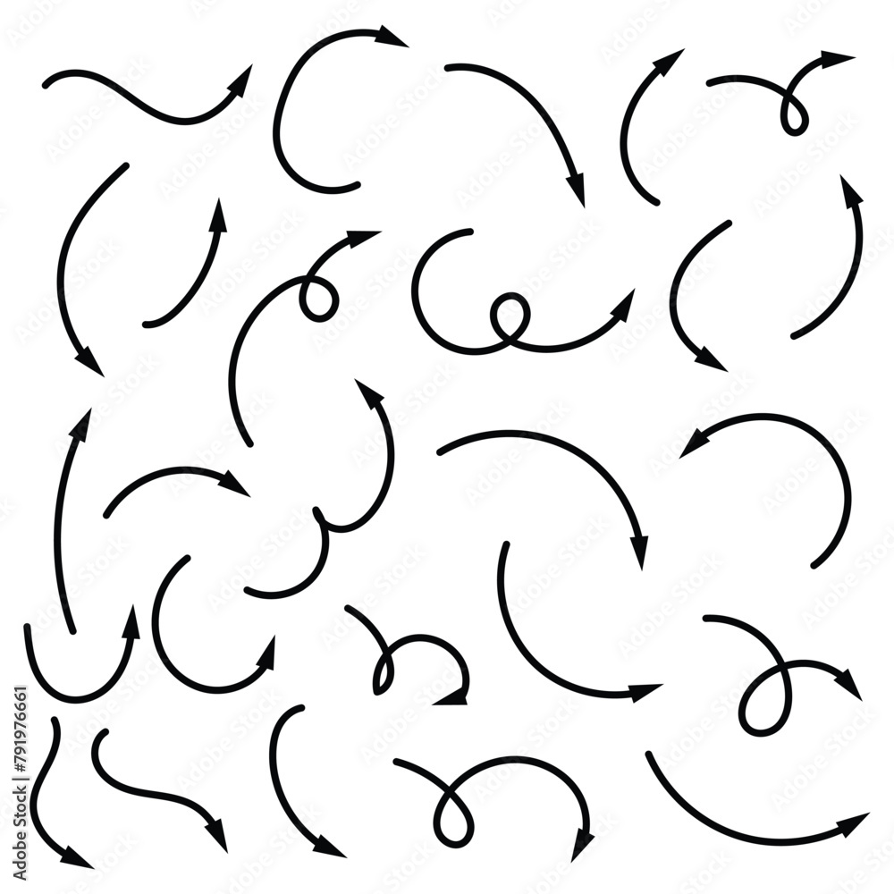 Doodle arrows. Hand drawn line pointers, pencil sketch elements, round curly wavy direction arrows. Vector linear black arrow set. Vector illustration. Eps file 619. Doodle arrows. Hand drawn line pointers, pencil sketch elements, round curly wavy direction arrows. Vector linear black arrow set. Vector illustration. Eps file 619.