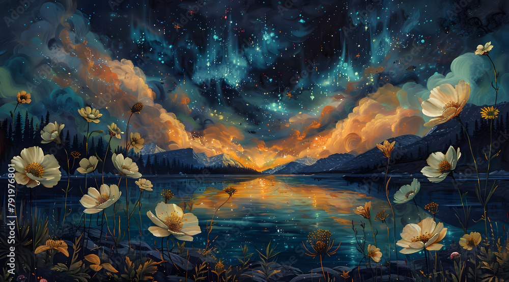 Aurora Floral Symphony: Oil Painting of Serene White Flowers under Vibrant Northern Lights
