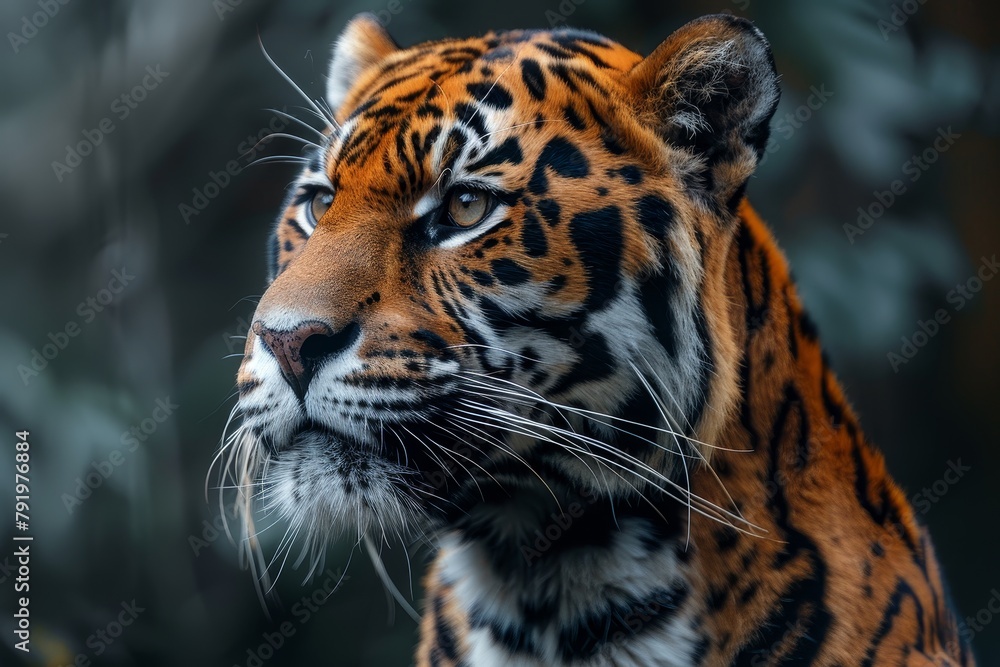 Obraz premium This captivating image showcases a tiger's sharp gaze, detailed stripes and whiskers in a close view