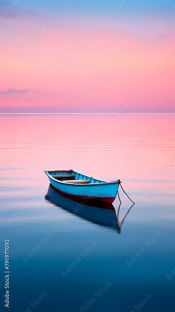 A small wooden boat floats on the calm sea A small wooden boat floats on the calm sea