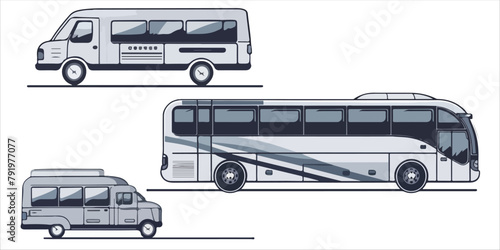 Travel bus icons, tour transport or public transportation service, vector emblems. Tourism or passenger travel trip bus icon for, city coach van station or airport express transfer or shuttle bus,