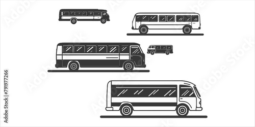 Travel bus icons, tour transport or public transportation service, vector emblems. Tourism or passenger travel trip bus icon for, city coach van station or airport express transfer or shuttle bus,