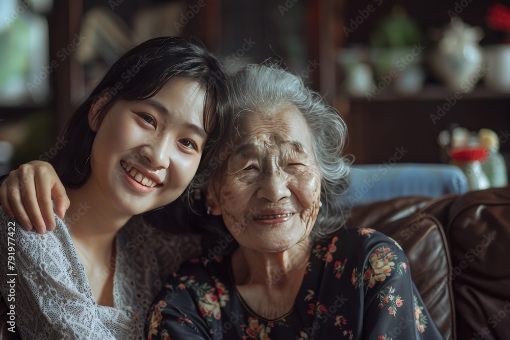 portrait of an Asian grandmother and granddaughter embracing each other, family love, old couple portrait of an Asian grandmother and granddaughter embracing each other, family love, old couple