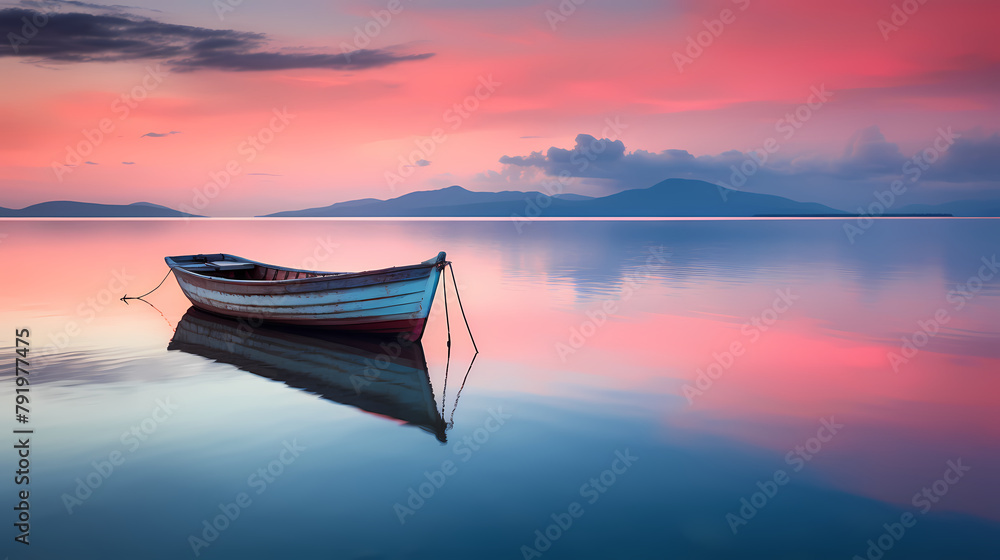 A small wooden boat floats on the calm sea