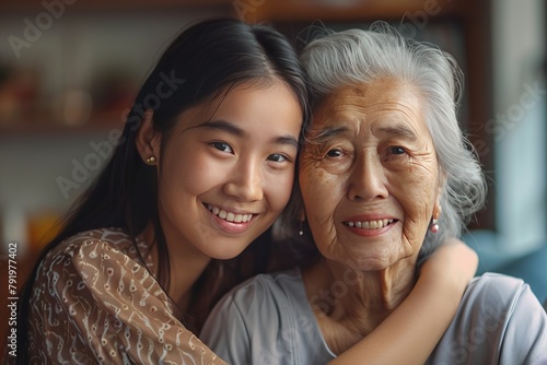 portrait of an Asian grandmother and granddaughter embracing each other, family love, old couple