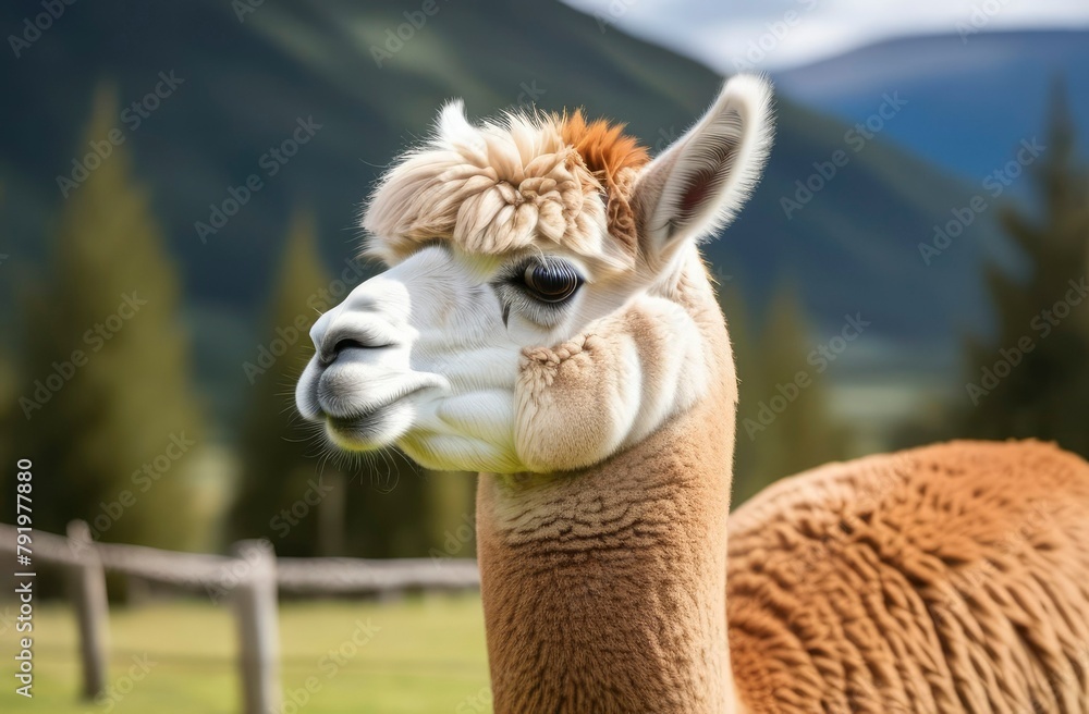Obraz premium A portrait of funny Alpaca animal grazing on green field on blue sky