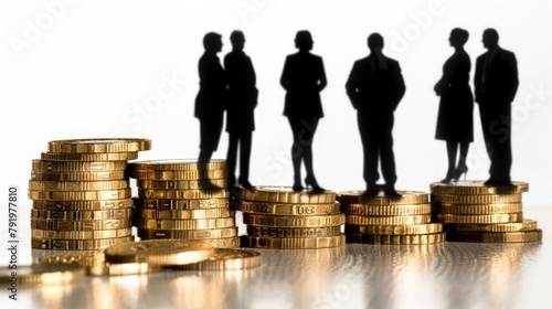 A stack of golden pawls and British coins with the silhouette of four business people standing behind them, isolated on a white background photo