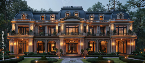 Design an exterior view of the front facade for a luxurious mansion with French style, featuring large windows and ornate details, set in France. Created with Ai