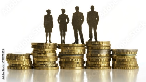 A stack of golden pawls and British coins with the silhouette of four business people standing behind them, isolated on a white background photo