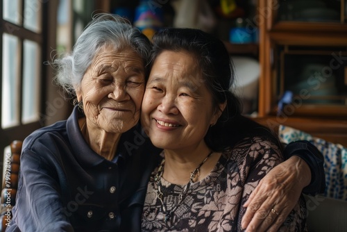 portrait of an Asian mother and daughter embracing each other, family love, old couple