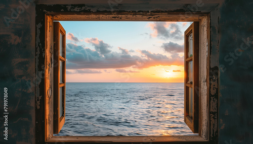 Horizon View  Embracing Nature - A weathered window frame reveals stunning sunset over ocean  creating picturesque scene of tranquility and serenity. Nature s beauty captured through open portal