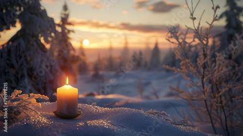 untouched Finnish winter forest with candle in foreground, overlooking tundra