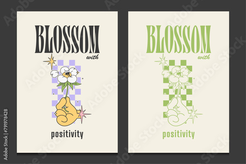 groovy posters or graphic t-shirt design with a cute cartoon flower character, vector illustration