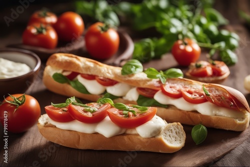 'tomaten mozzarella baguette sandwich bread roll engaged tomatoes fresh caprese salad hunger leaf break italy food windowpane cheese snack red green white vegetarian diet vegetable enjoyment wrought' photo