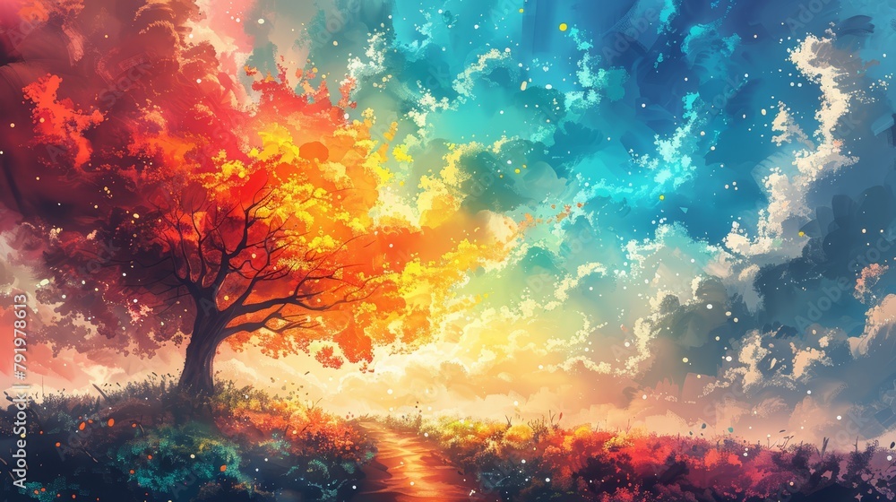 A tree painted in a field's center, sunset backdrop, clouded sky A tree painted in a field's center, sunset backdrop, clouded sky