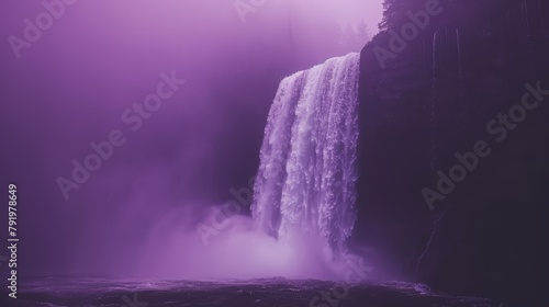  A towering waterfall, centrally located within a tranquil body of water, is backdropped by a vividly purplish sky