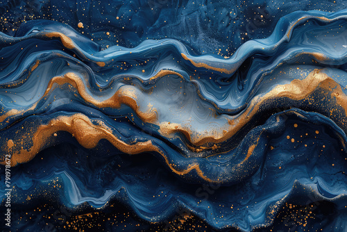Blue and gold abstract marble background, blue black and white fluid shapes. Created with Ai