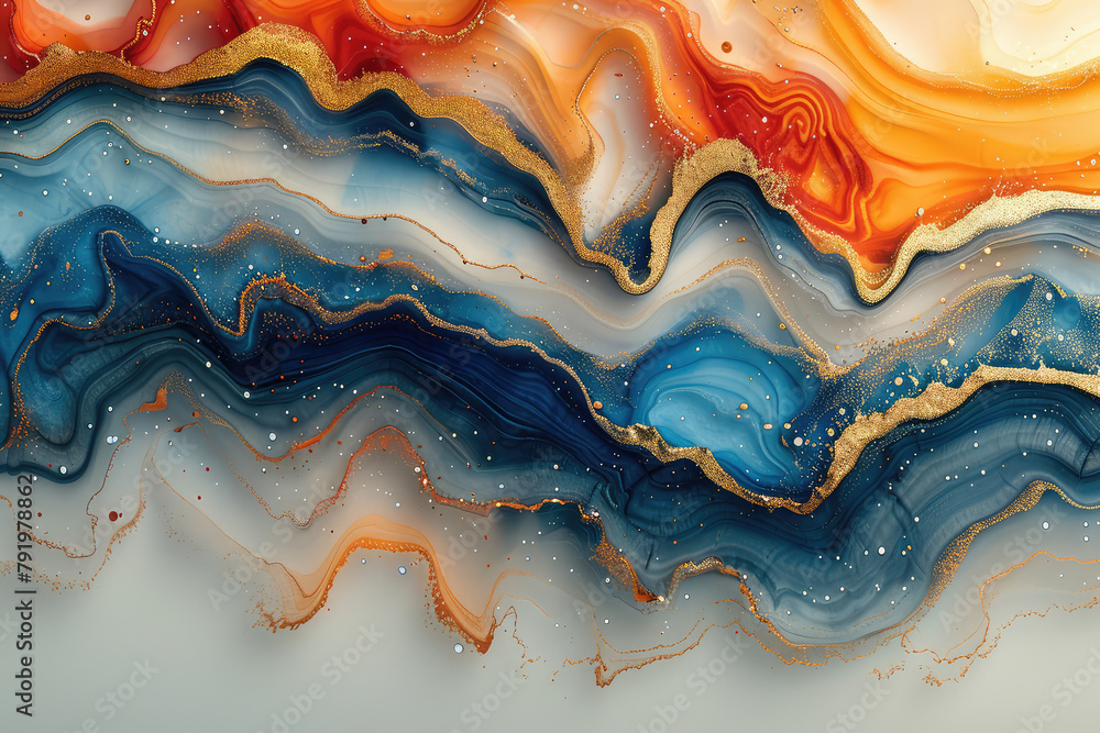Abstract background, blue and orange marble swirls. Created with Ai