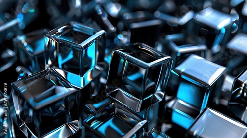 Abstract background with glass cubes on black. Glossy geometric shapes in silver and blue colors.