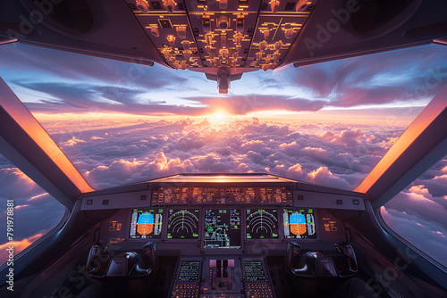 Cockpit of an airplane flying above the clouds at sunrise 3d rendering,Fascinating world of aviation from bustling airports to the calm of the cockpit