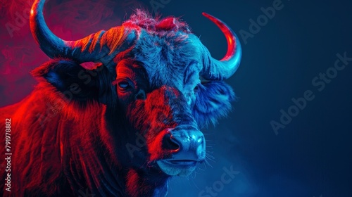 Portrait of a Gaur thinking about the stock market in the style of neon light, red and blue colors, cinematic lighting, photography