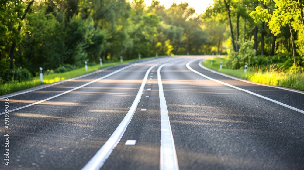 Obraz premium An empty road, flanked by trees on either side, features a white line demarcation down its center
