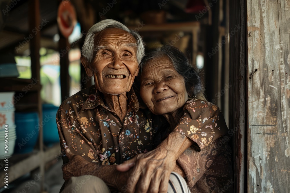 portrait of an Asian old couple embracing each other, family love, old couple portrait of an Asian old couple embracing each other, family love, old couple