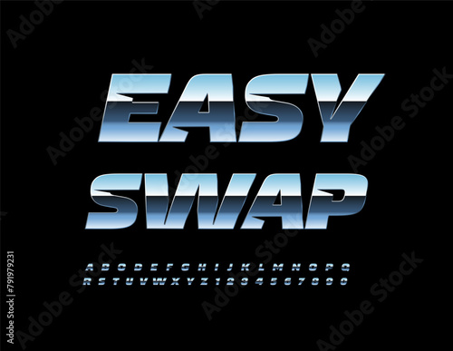 Vector financial emblem Easy Swap. Futuristic silver Font. Techno style Alphabet Letters and Numbers set.