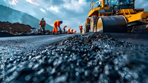Laying Hot Asphalt Gravel for Road Construction: Workers Leveling Road Surface. Concept Road Construction, Asphalt Paving, Gravel Leveling, Worker Safety, Heavy Machinery