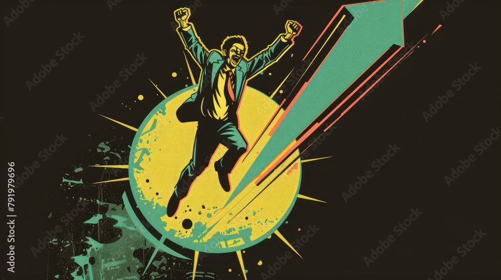 illustration of a green arrow pointing up and right, a happy man in a ...