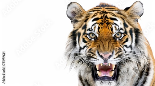   A close-up of a tiger s face with its mouth agape